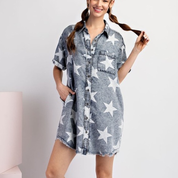 Mineral Washed Star Print Tencel Button Down Mini Dress - Picture 1 of 12